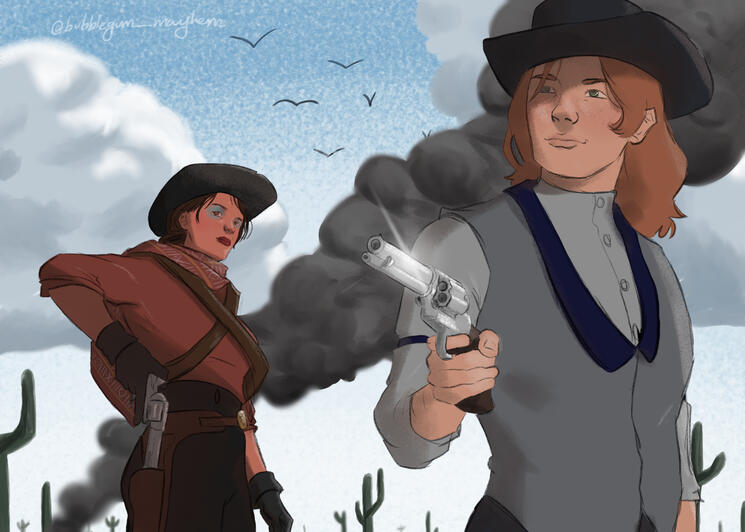 Art of me and my friend's Red Dead Online avatars.