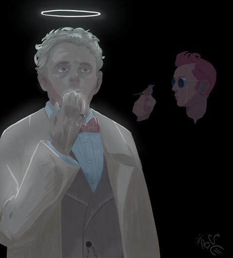 Fanart of Aziraphale and Crowley from the series "Good Omens".