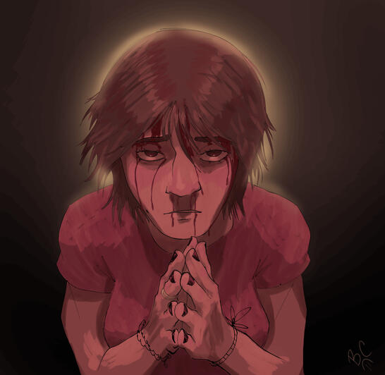 Illustration of an original character from an original story that takes place within the religious horror genre.